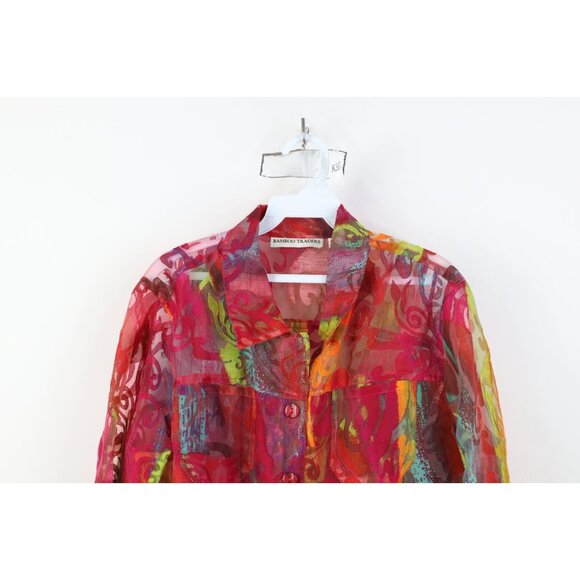 Vintage 90s Y2K Babydoll Womens Large Flax Blend Sheer Rainbow Flower Jacket - Picture 2 of 14